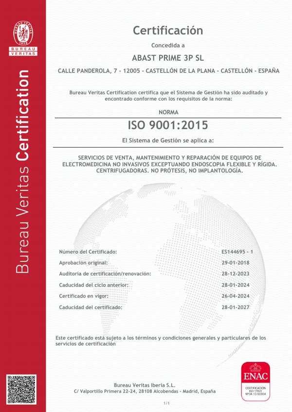 Certificado ISO 9001:2015 de Abast Prime 3P emitido por Bureau Veritas